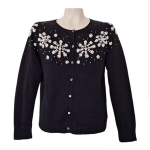 Eddie Bauer Black Snowflake Cardigan Sweater Winter Cabincore Medium
